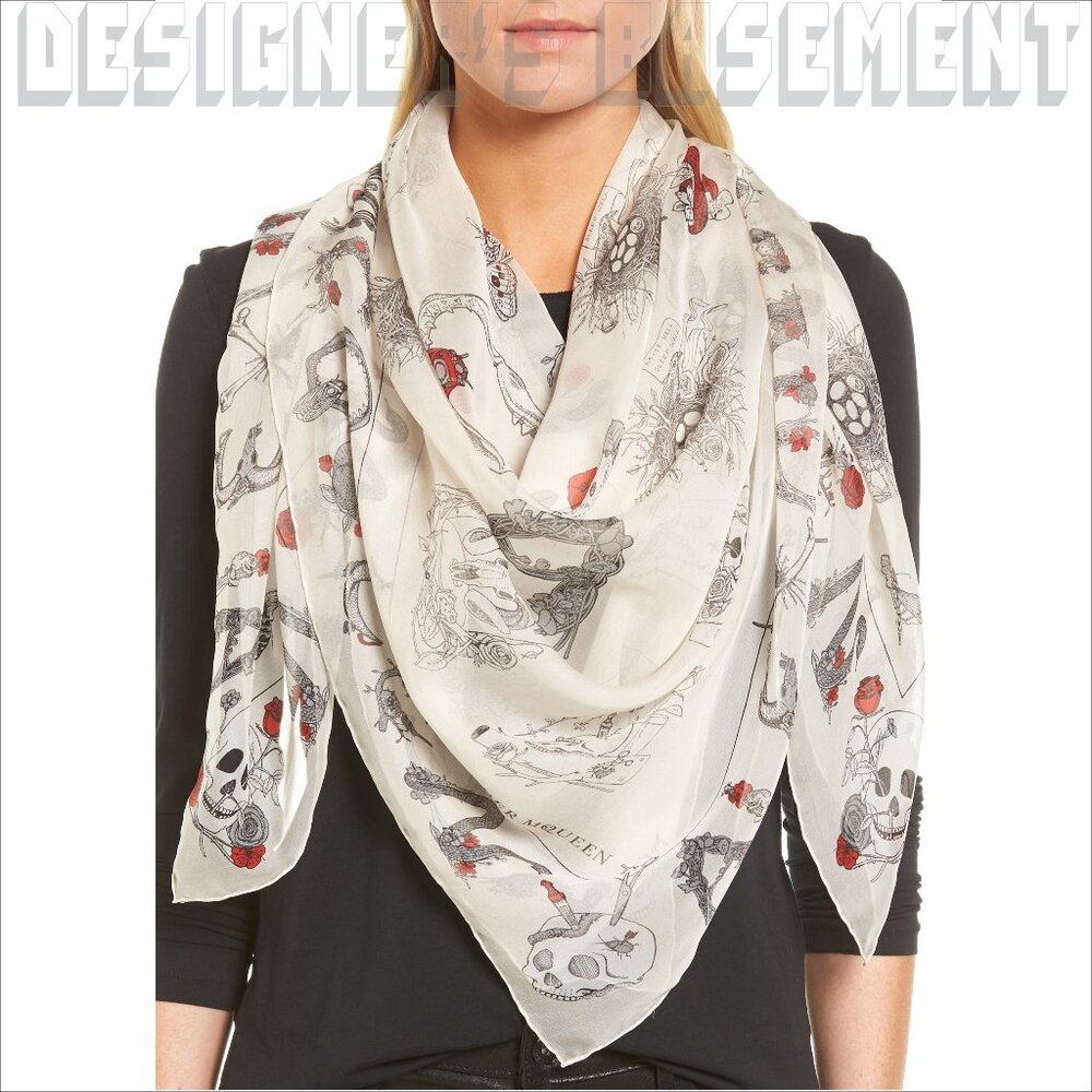 ALEXANDER MCQUEEN white letters SKULL CABINETS silk chiffon 52" sqr scarf shawl - Picture 2 of 7